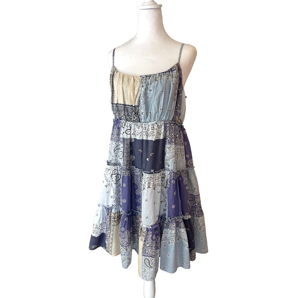 Lucky Brand Babydoll Tiered Dress Sz L Boho Festival Y2K Blue Patchwork Cotton - Picture 7 of 16